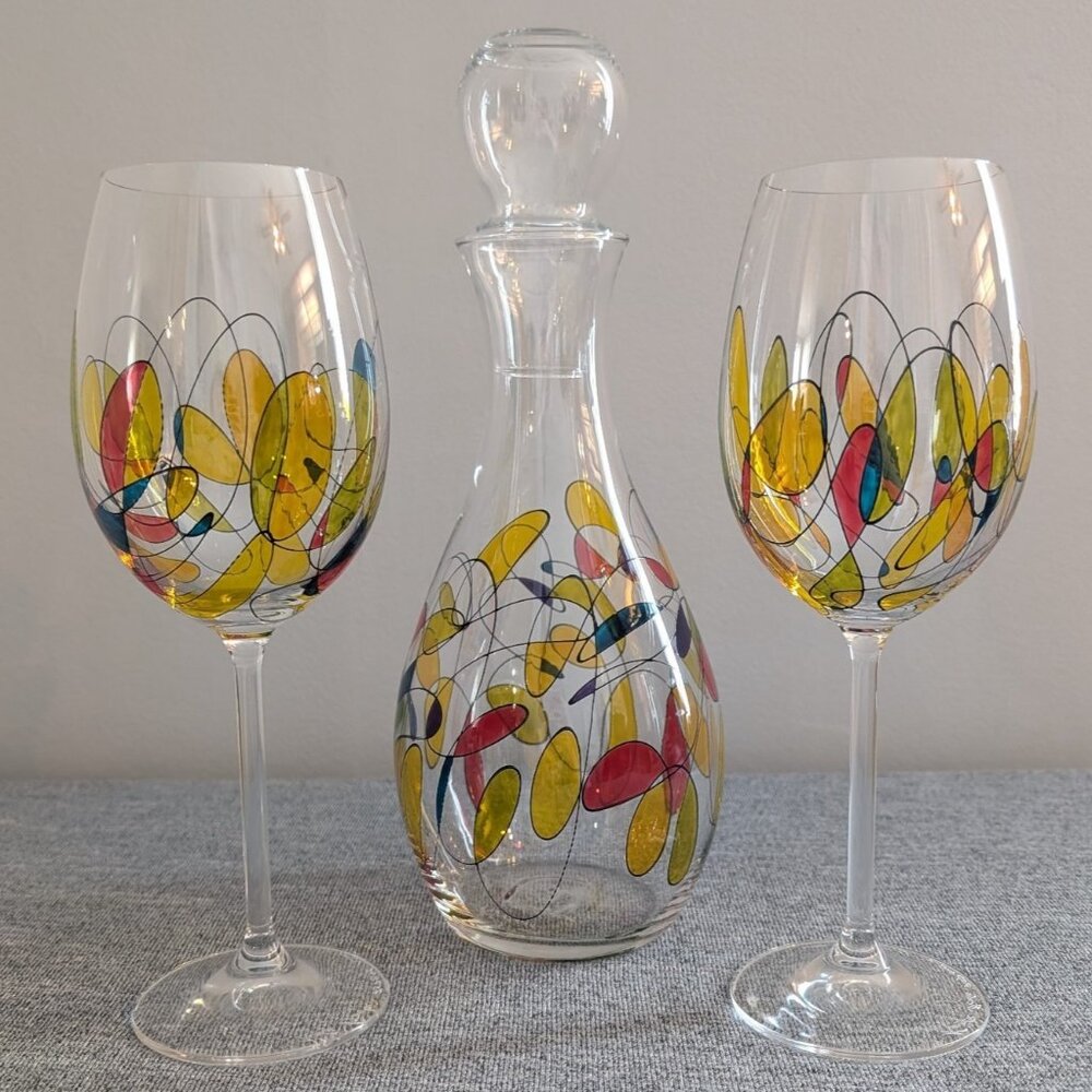 Kosta Boda 3pc Carafe and Wine Glass Set, Numbered and Signed by Kjell Engman